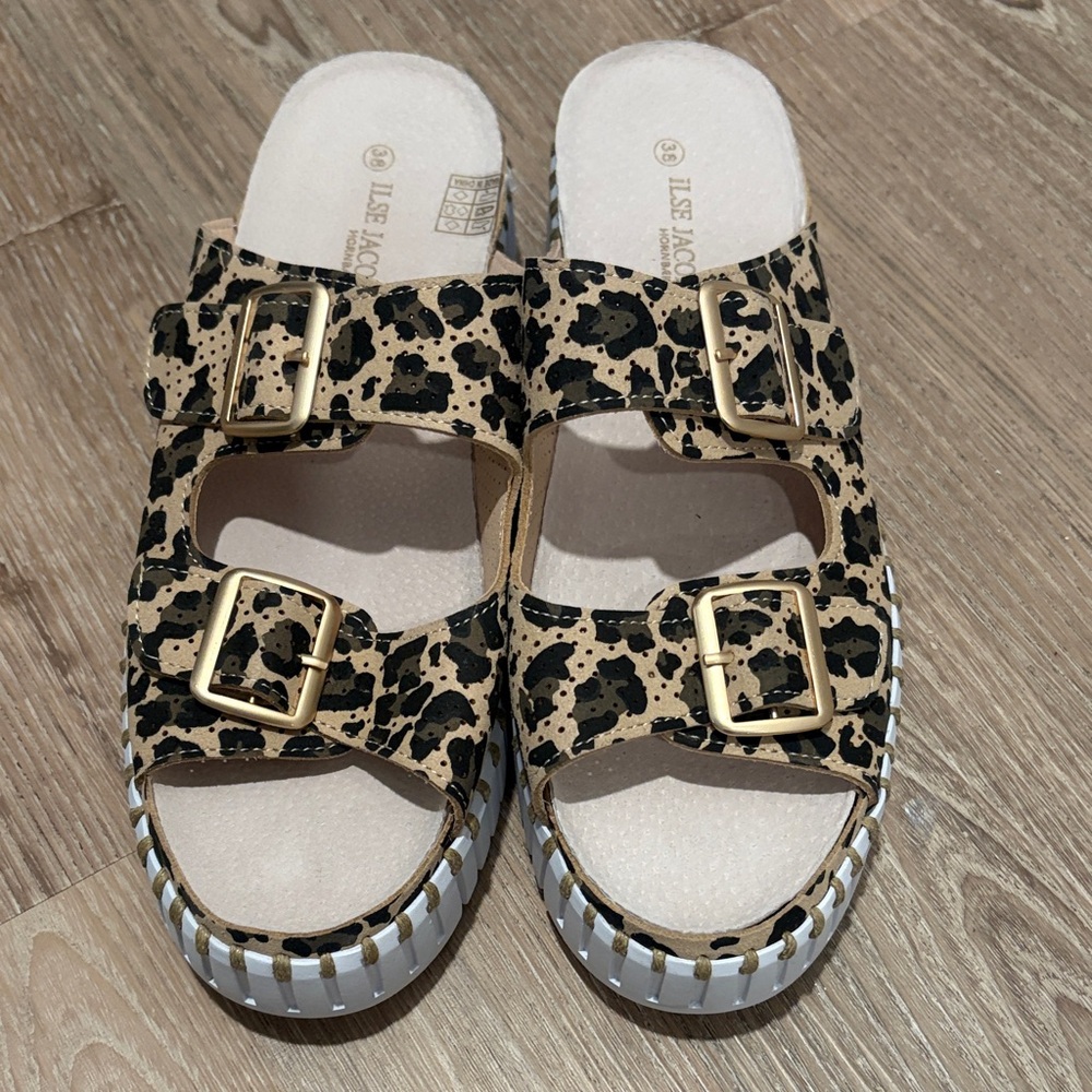 Ilse Jacobsen Leopard Print Double Buckle Platform Slide Sandals - Size 38